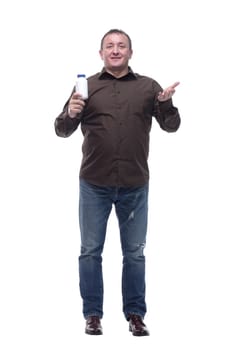 in full growth. casual male with antibacterial sanitizer gel . isolated on a white background.