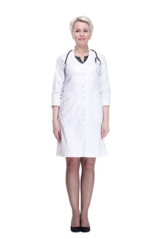 in full growth. portrait of a young woman doctor . isolated on a white background.