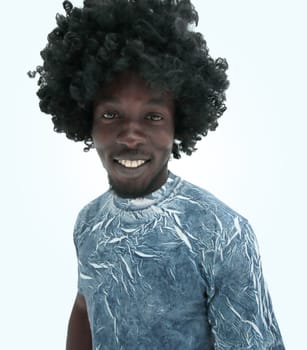 funny curly haired guy looking at the camera. isolated on white background