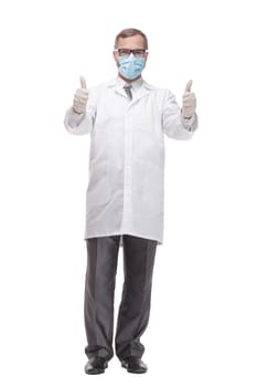 in full growth. medic in protective mask and gloves . isolated on a white background.