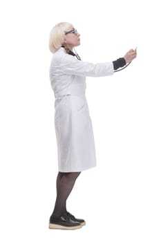 woman doctor with a stethoscope in her hands. isolated on a white background.