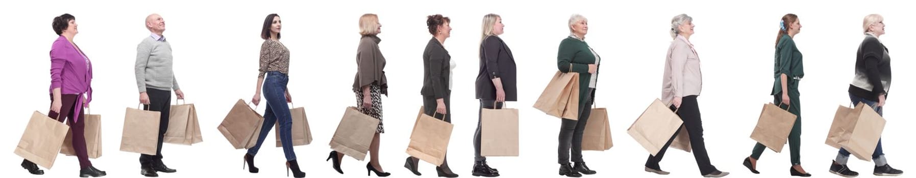 a group of people stand in line with shopping bags. isolated on white