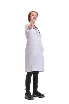 Front view of attractive happy smiling female doctor physician nurse standing with arms crossed, isolated on white