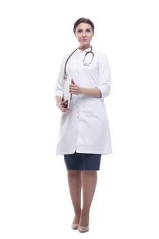 in full growth. female doctor with clipboard. isolated on a white background.