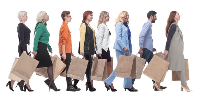 a group of people stand in line with shopping bags. isolated on white