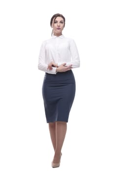 in full growth. businesswoman in a white blouse and black skirt. isolated on a white background.