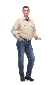 Front view portrait of a happy business man holding money, isolated on white