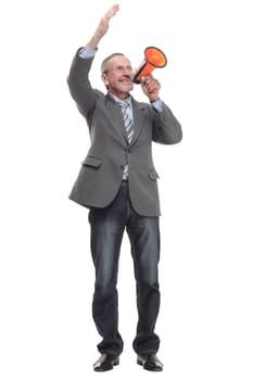 Front view of a mature businessman speaking with megaphone against white background
