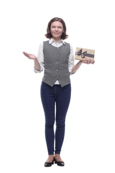 attractive mature woman with gift box. isolated on a white background.