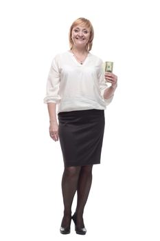 happy business woman with a bundle of banknotes. isolated on a white background.
