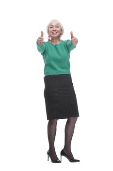 in full growth. smiling woman in a fashionable jumper. isolated on a white background.