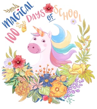 100 magical days of school Unicorn with flowers, T-Shirt Design.