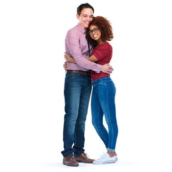 Love, interracial and couple hug portrait for care, romance and happiness together for advertising. Happy asian man and black woman in romantic relationship on isolated white background for mockup