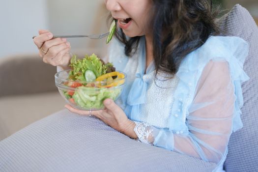 Portrait of an elderly Asian woman taking care of her health by eating salad