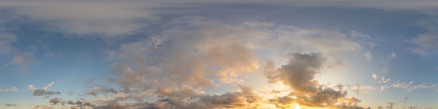 Dark blue sunset sky panorama with pink Cumulus clouds. Seamless hdr 360 pano in spherical equirectangular format. Full zenith for 3D visualization, game, sky replacement for aerial drone panoramas