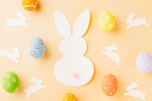 Easter eggs bunny and rabbit white paper cut isolated on pastel background copy space, Funny decoration, Creative composition banner web design holiday background, Happy Easter Day, flat lay top view