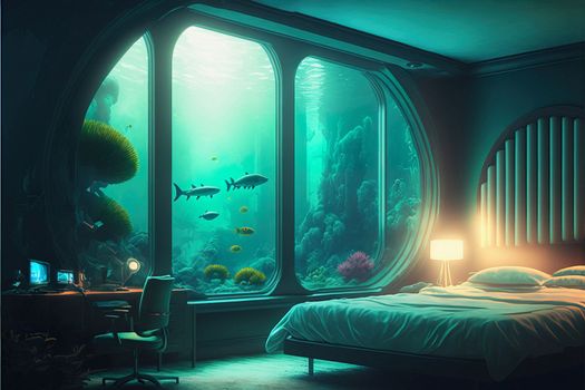 Underwater illustration futuristic home interior. Creative concept. Future architecture. 3d render and photo combination. Download image