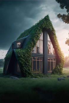 Eco house in green environment. House in the middle of the forest with the green bush, sunset time. Download image