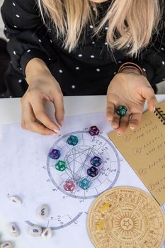 Woman numerologist astrologer counts numbers. Selective focus. People.