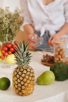 close-up of vegetables, fruits on the kitchen table. cooking. Balanced nutrition.