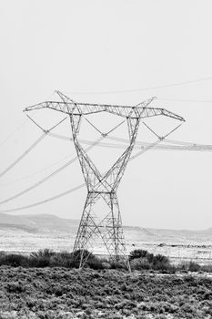 A delta type pylon on a power transmission line in the Western Cape Province. Monochrome