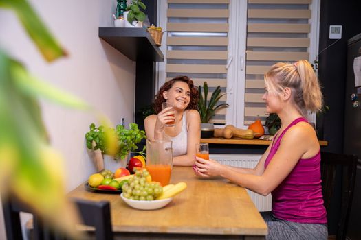 Smiling friends at a meeting in the kitchen. two women are drinking fruit juice from tall glasses. On the table are plates with fruits and vegetables and herbs in a pot.