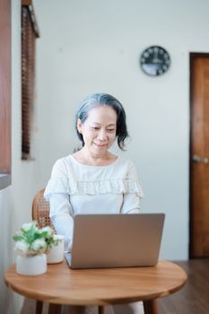 Portrait of an elderly Asian woman in a modern pose working on a computer