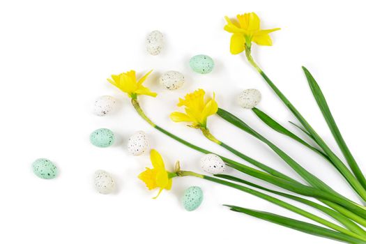 Flowers seen from above with green and white eggs wit narcissus