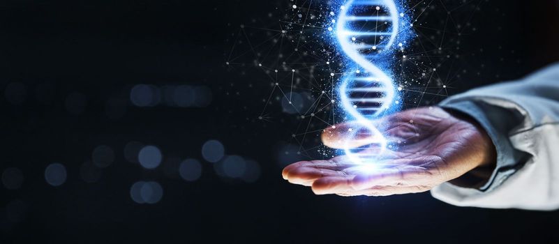 Doctor, hand or 3d dna helix in healthcare analytics, genetic engineering or life insurance mockup on isolated black background. Zoom, abstract or futuristic genes hologram for medical hospital woman.