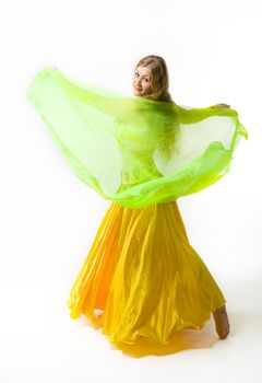 young girl dance with green veil on white