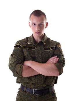 Portrait of handsome man in military form, isolated on white