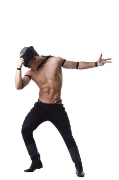 strong man dance striptease - hold hat in hand isolated