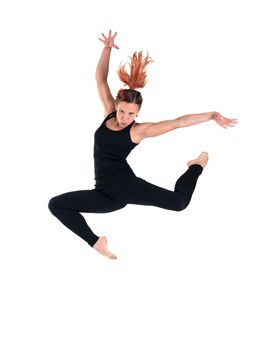 Beauty young woman jump in acrobatic costume isolated