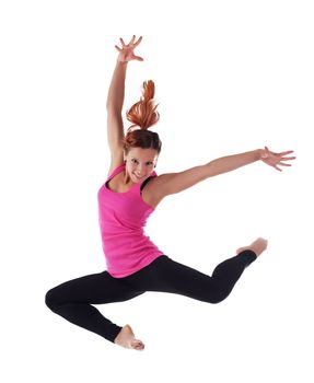 Beauty young woman jump in acrobatic costume isolated