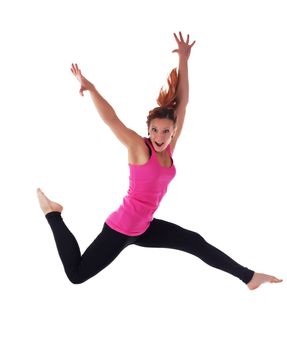 Young athletic woman doing hight jump run in air isolated