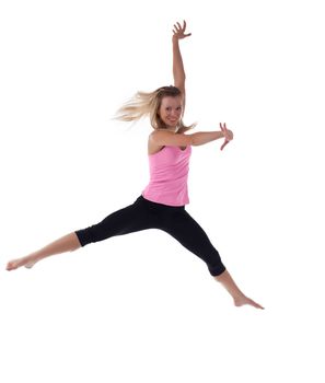 Blond woman doing jump in fitness cloth isolated