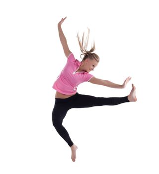 young woman in high jump in fitness costume isolated