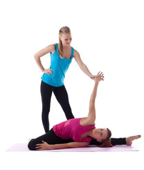 two woman gymnast trainer help doing stretch isolated