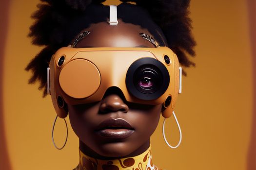 African woman wearing virtual reality goggles standing studio clean background . Concept of virtual reality technology , gaming simulation and metaverse. Peculiar AI generative image.