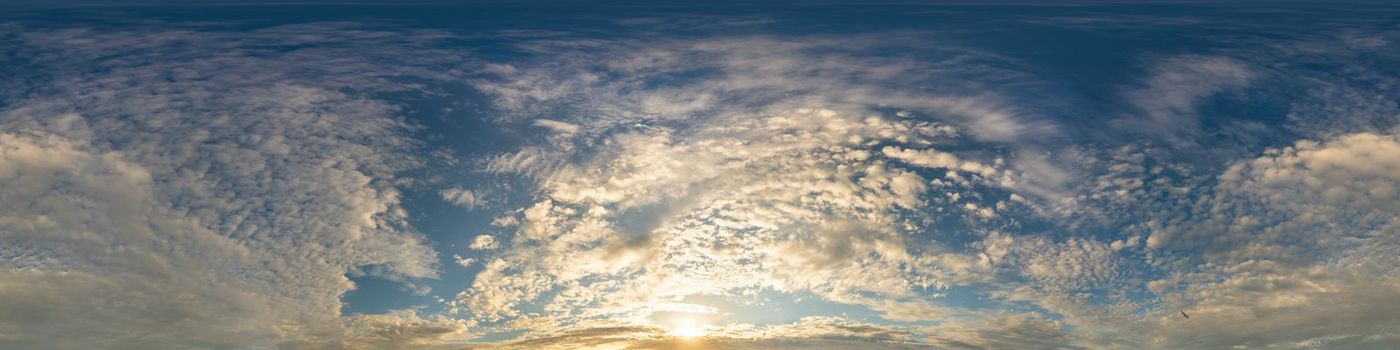Dark blue sunset sky panorama with pink Cumulus clouds. Seamless hdr 360 pano in spherical equirectangular format. Full zenith for 3D visualization, game, sky replacement for aerial drone panoramas