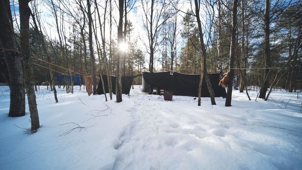 A hut of homeless people in the woods in winter