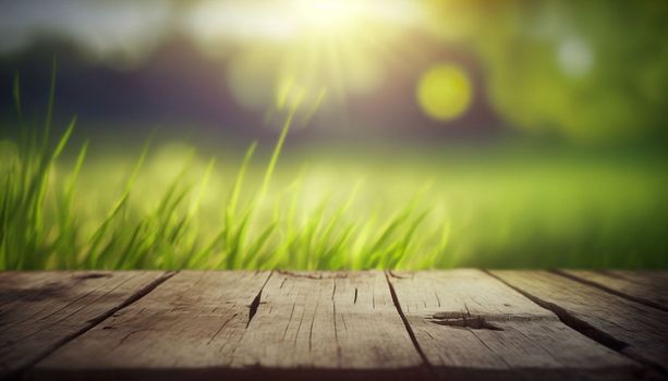 Beautiful spring natural background with green fresh juicy young grass and empty wooden planks in nature morning outdoor. Beauty bokeh and sunlight. Download image