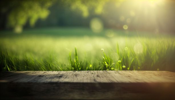 Empty table for display montages. Beautiful spring natural background with green fresh juicy young grass and empty wooden planks in nature morning outdoor. Download image
