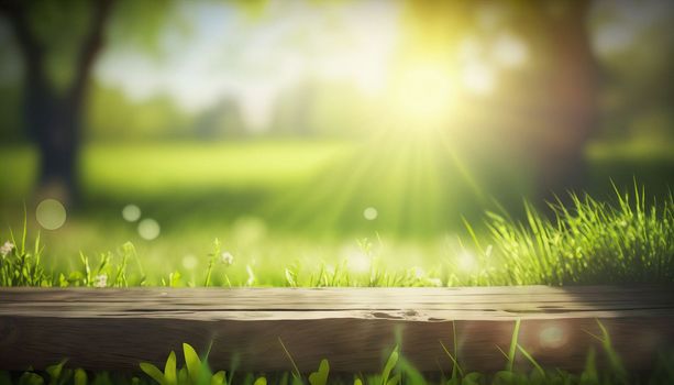 Wooden desk of free space and spring time. Beautiful spring natural background with green fresh juicy young grass and empty wooden table in nature morning outdoor. Download image