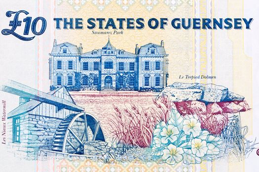 Saumarez Park, Les Niaux Watermill and Le Trepid Dolmen from Guernsey money -  pounds