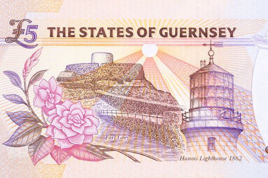 Fort Grey and Hanois lighthouse 1862 from Guernsey money - pounds
