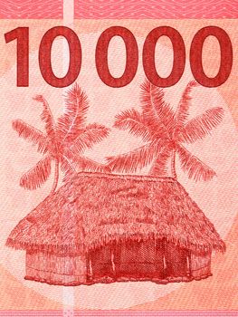 Hut and palm trees from French Pacific Territories money - Francs