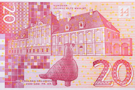 Eltz Manor in Vukovar and the Vucedol Dove from Croatian money - Kuna