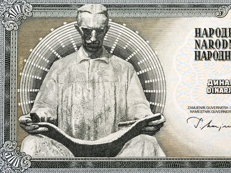 Statue of Nikola Tesla by Frano Krsinic from money - Yugoslav dinar