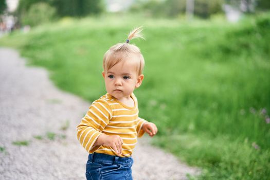 Little girl stands, turned sideways, on the path in the park. Close-up. Portrait. High quality photo